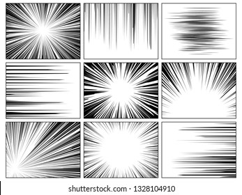 Radial comics lines. Comic book speed horizontal line cover speed texture action ray explosion hero drawing cartoon vector set