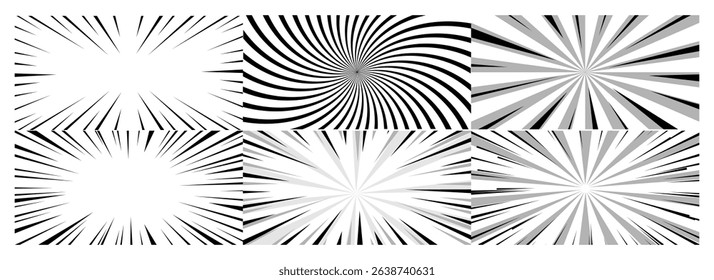 Radial comics lines. Comic book speed horizontal line cover speed texture action ray explosion hero drawing cartoon vector set