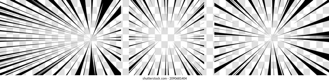 Radial comics lines. Set of Anime action frame lines. Manga motion radial lines. Abstract explosive rectangle and square template with speed lines on transparent background. Vector illustration