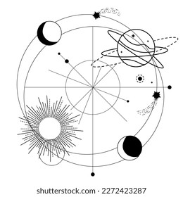 Radial composition with planet, star, moon and stars. Celestial illustration isolated on a white background.