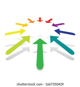 Flechas radiales y concéntricas apuntando al centro, dentro. Combinar, cambiar el tamaño, suprimir la ilustración de puntero conceptos. Diseño de cursor de confluencia y atenuación