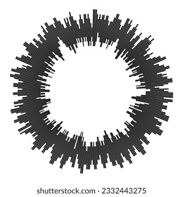 Radial concentric black particles isolated on white background. Infographic template. Monochrome equalizer. Sound wave. Sun ray or star burst elements. Vector design element. 