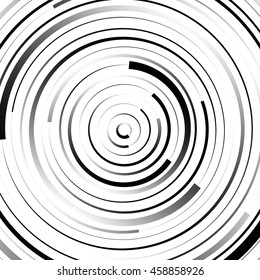 Radial concentric circles with irregular, dynamic lines. Abstract pattern with rotating, spiral effect.