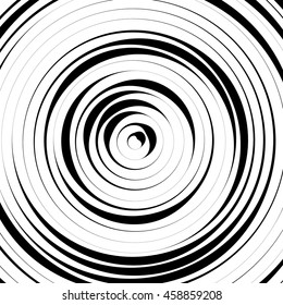 Radial concentric circles with irregular, dynamic lines. Abstract pattern with rotating, spiral effect.