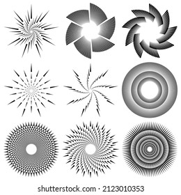 Radial, concentric, circular triangles shape, design element, icon