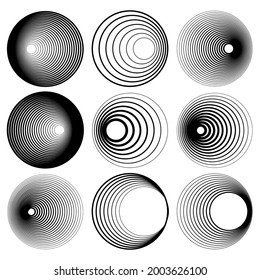 Radial, concentric, radiating rings, circles vector element set