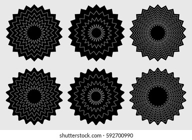 Radial contour elements with distorted decorative with jagged edges.