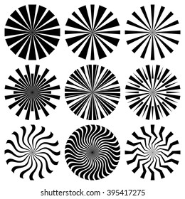 Radial converging lines elements set. Retro Starburst or Sunburst Backgrounds. Ray, Beam Shapes. Abstract sunburst collection. Monochrome Radial elements Collection. Sun rays. Vector 
