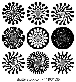 Radial converging lines elements set. Retro Starburst or Sunburst Backgrounds. Ray, Beam Shapes. Abstract sun rays. Monochrome Radial Pattern mandalas isolated on white background. Vector illustration