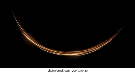 Radial curve, lines glow and shine in arch light effect vector illustration. Energy semicircle bright halo, motion of circular beams with glare on edge, shiny orange design element on black background