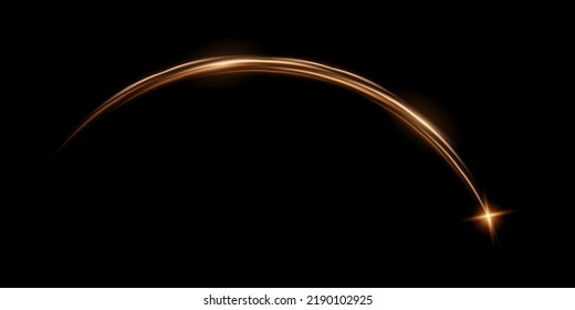 Radial curve, lines glow and shine in arch light effect with star vector illustration. Energy semicircle bright halo, motion of circular beams with glare on edge, shiny design element on black.