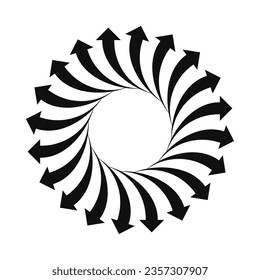 Radial curved arrows circle, silhouette icon. A circular arrangement of black arrow symbols. Isolated on a white background.