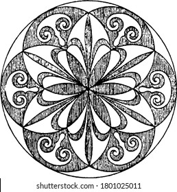 Radial Design é um tipo de equilíbrio em que as partes de uma imagem são regularmente organizadas e irradiam de um ponto central, vintage desenho de linha ou gravura ilustração.