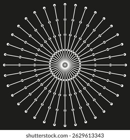 Radial diagram shape. Circle vector composition. Geometric burst element. Black background contrast.