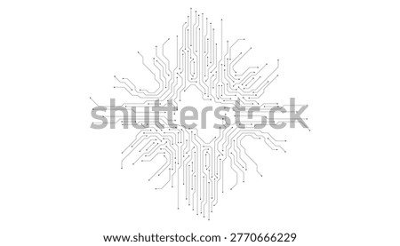 Radial digital circuit board pattern with black lines on a white background, electronic hardware connection path