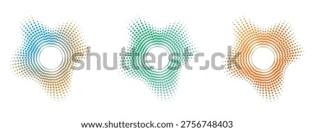 Radial dot patterns, abstract shapes, gradient colors, transparency