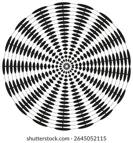 Radial dot rays. Circular burst shape. Vector symmetry pattern. Optical illusion background.