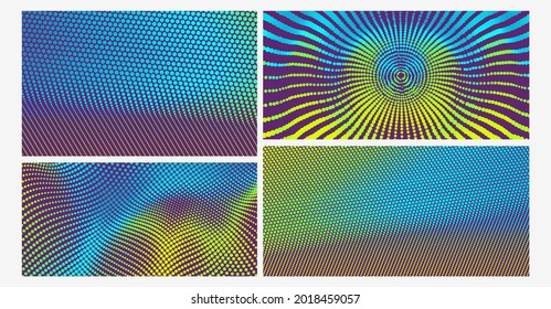 Radial dotted lines on black background. Halftone gradient background. Vibrant trendy texture, with blending colors. Cover design template. 3d vector illustration. 