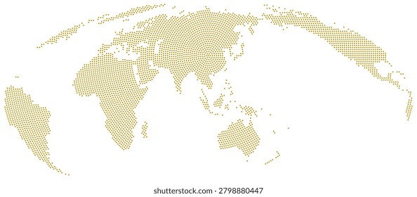 Radial dotted world map vector illustration centered on China, in gold color, Mollweide projection, white background. Uniform dots arranged in concentric rings radiating from China; the opposite continents are cut naturally along the map edges at the antimeridian — ideal for infographics, business presentations, travel and global communication projects.