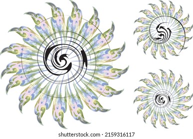 Radial eagle shapes in flower form with arrow elements on white - three options. Icons like the sun or a flower formed by elements of an eagle for prints, emblem, textiles, fashion, wallpaper, etc.