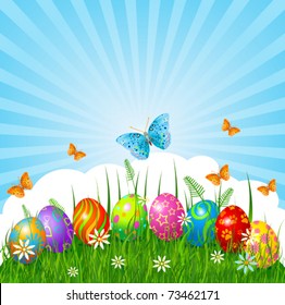 Radial Easter place card  with eggs in grass