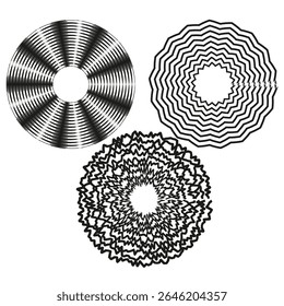 Conjunto de elementos radiais. Formas espirais hipnóticas. Arte óptica abstrata. Coleção geométrica vetorial.