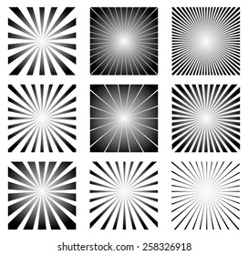 Radial Elements Set. Starburst or Sunburst Backgrounds. Ray, Beam Shapes