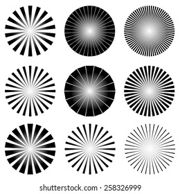 Radial Elements Set. Starburst or Sunburst Backgrounds. Ray, Beam Shapes