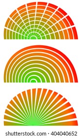 Radial elements with spectrum fill. Set of 3 circular, semicircle shaped elements. Bars, horizontal and vertical radiating lines. 