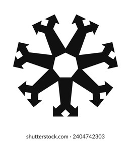 Radial elongated fork arrows heptagon icon. A circular arrangement of y-shaped black direction symbols. Isolated on a white background.