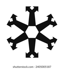 Radial elongated fork arrows hexagon icon. A circular arrangement of y-shaped black direction symbols. Isolated on a white background.