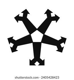 Radial elongated fork arrows pentagon icon. A circular arrangement of y-shaped black direction symbols. Isolated on a white background.