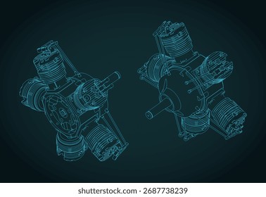 Radial Motor isometrische Zeichnungen stilisierte Vektorgrafik