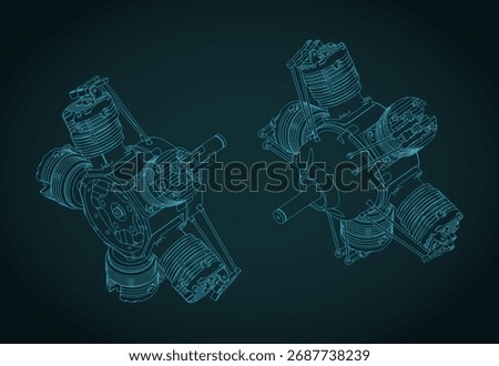 Radial engine isometric drawings stylized vector illustration