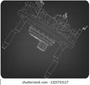 Radial engine on a gray background. Drawing