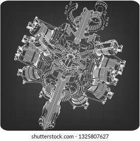 Radial engine on a gray background. Drawing