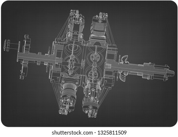 Radial engine on a gray background. Drawing