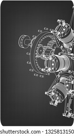Radial engine on a gray background. Drawing