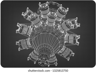 Radial engine on a gray background. Drawing