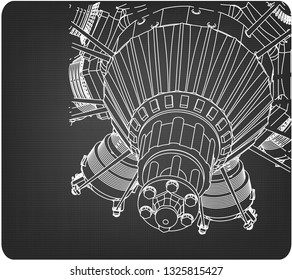 Radial engine on a gray background. Drawing