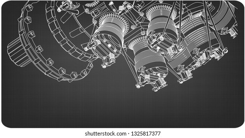 Radial engine on a gray background. Drawing