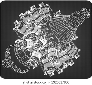 Radial engine on a gray background. Drawing