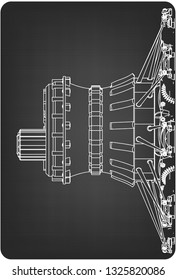 Radial engine on a gray background. Drawing