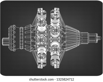 Radial engine on a gray background. Drawing