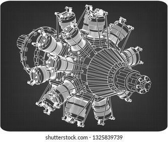 Radial engine on a gray background. Drawing