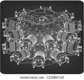 Radial engine on a gray background. Drawing