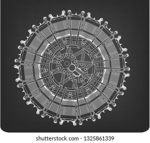 Radial engine on a gray background. Drawing