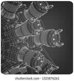 Radial engine on a gray background. Drawing