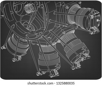 Radial engine on a gray background. Drawing