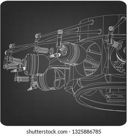 Radial engine on a gray background. Drawing